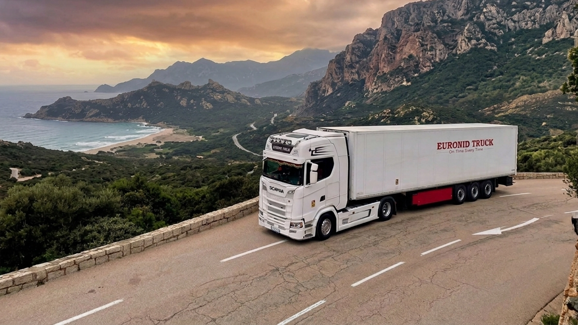 Un ansamblu din flota Euronid Truck fotografiat cu un peisaj superb in primplan