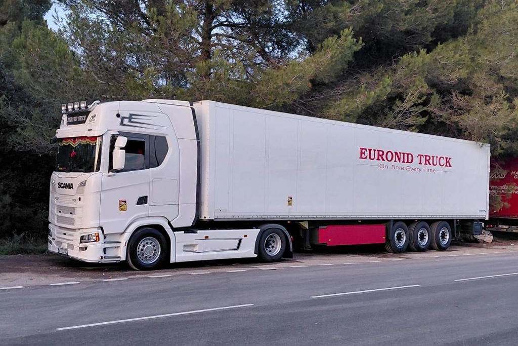 Ansamblu din flota Euronid Truck fotografiat cu un peisaj superb in spate