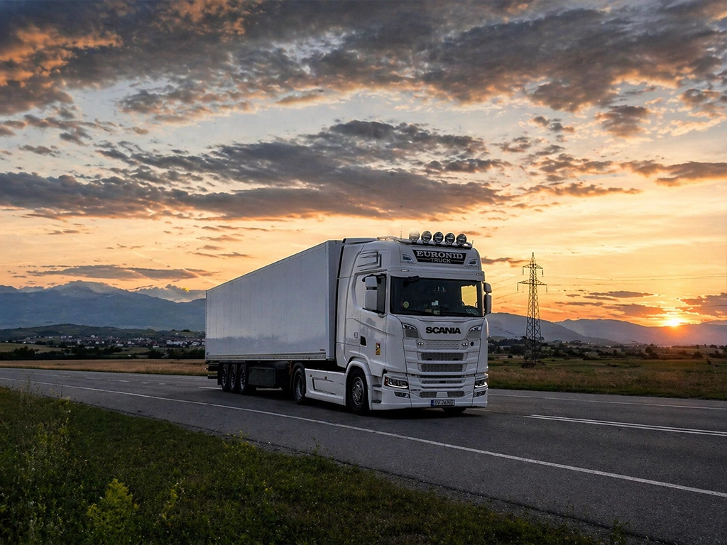 O fotografie in care un ansamblu din flota Euronid Truck scos in evidenta si un peisaj de apus